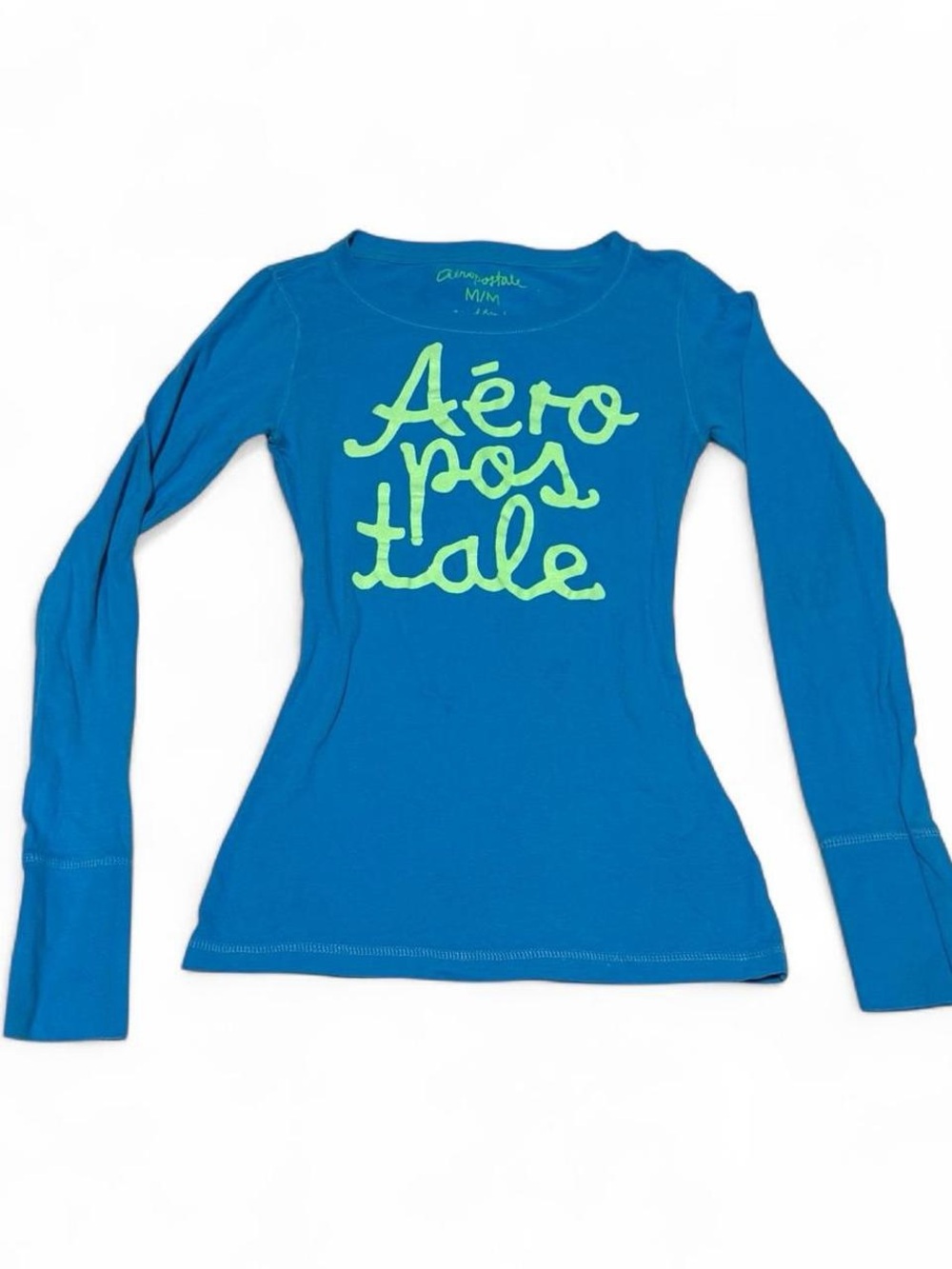 Aeropostale Teal Blue Long-Sleeve Logo Tee with Neon Green Script